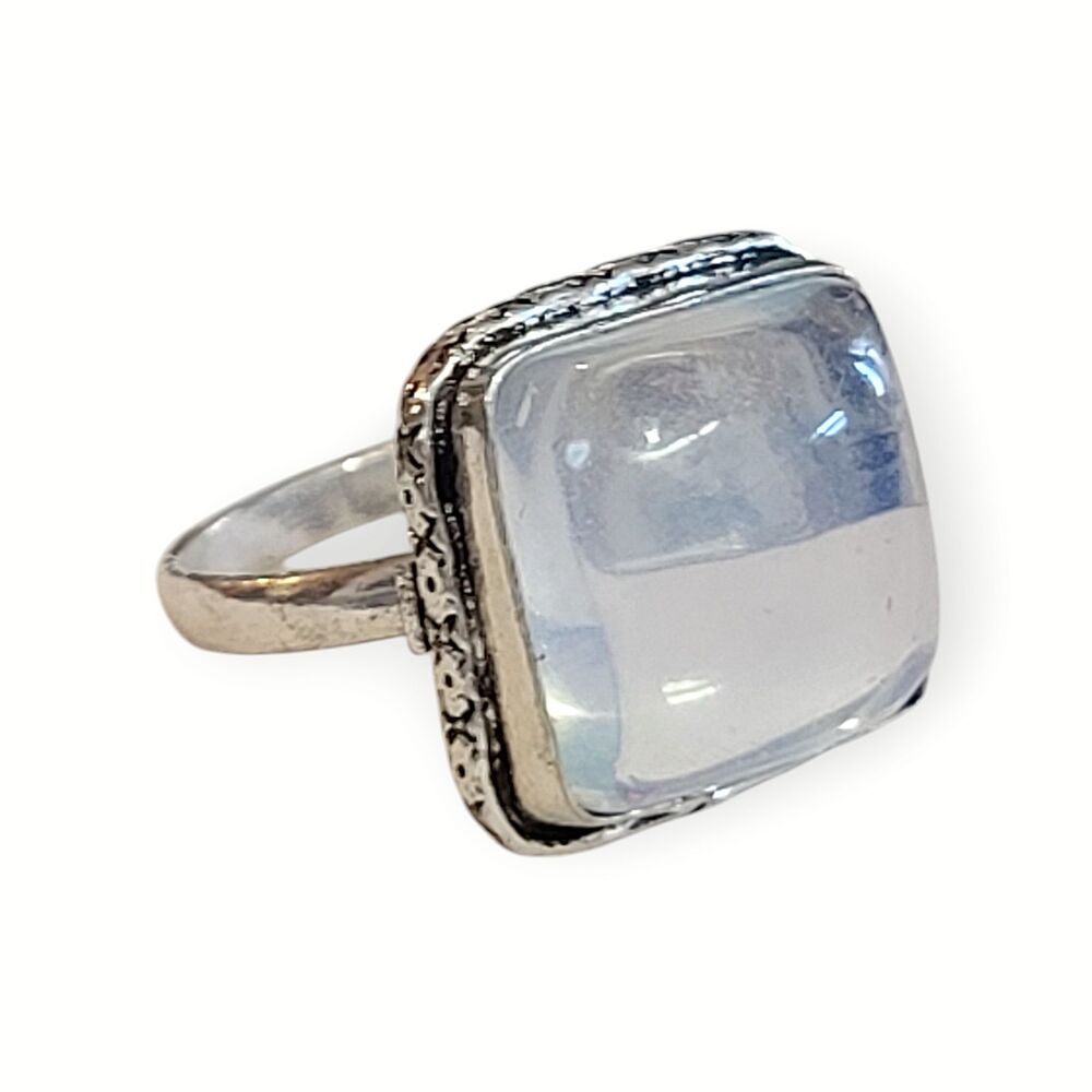 925 Sterling Silver Clear Quartz Gemstone Statement Square Hammered Ring sz 8